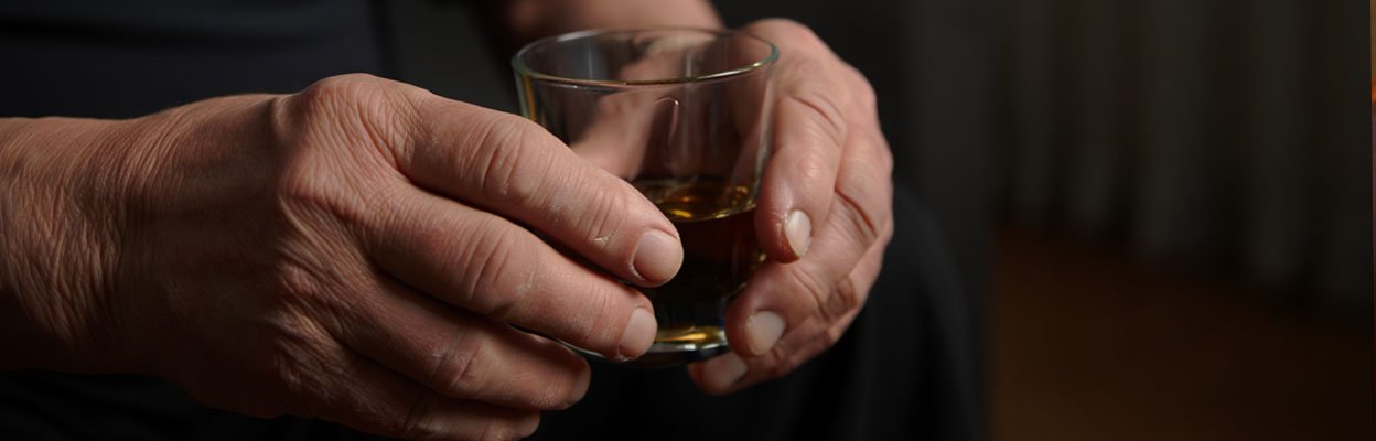 Мужчина с трясущимися руками и стаканом алкоголя